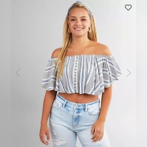 NWT Buckle Striped Off the Shoulder Crop Top with Faux Buttons - M